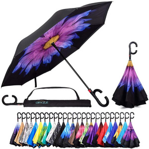 Hot Selling auto open New Products Stock Custom logo Double Layer Inside Out C Shape Handle inverted Reverse Umbrella