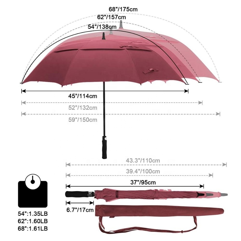 54/62/68 Inch Extra Large Oversize Automatic Open Golf Umbrella  Double Canopy Vented Windproof Waterproof Stick Umbrellas