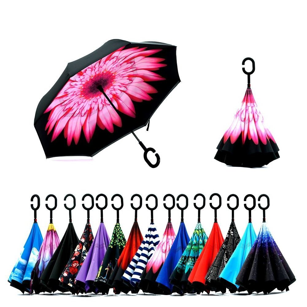 Inside Full Print Stylish Umbrella Double Layer Auto Open Close Reverse Inverted Upside Down Sunflower Umbrella For Car