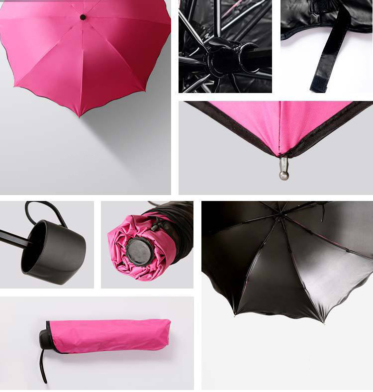 Ladies sunshine umbrella blossoms in water changes color parasol umbrella triple fold black rubber sunscreen UV woman umbrellas