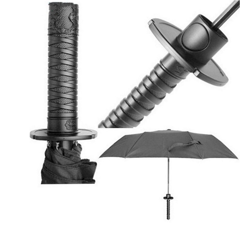 Unique Cheap Japanese Samurai Sword Shape Design knife 3 Folding Long Handle Black Rain Umbrella