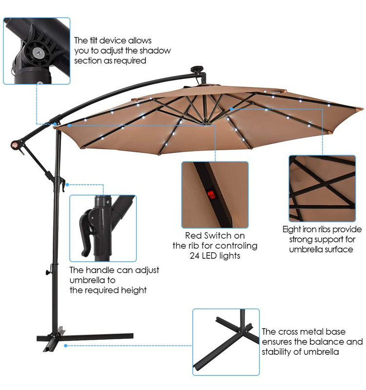 Light Brown 10ft Outdoor Patio Umbrella,Solar Led Lighted Sun Shade Market Umbrella With Hanging Cover