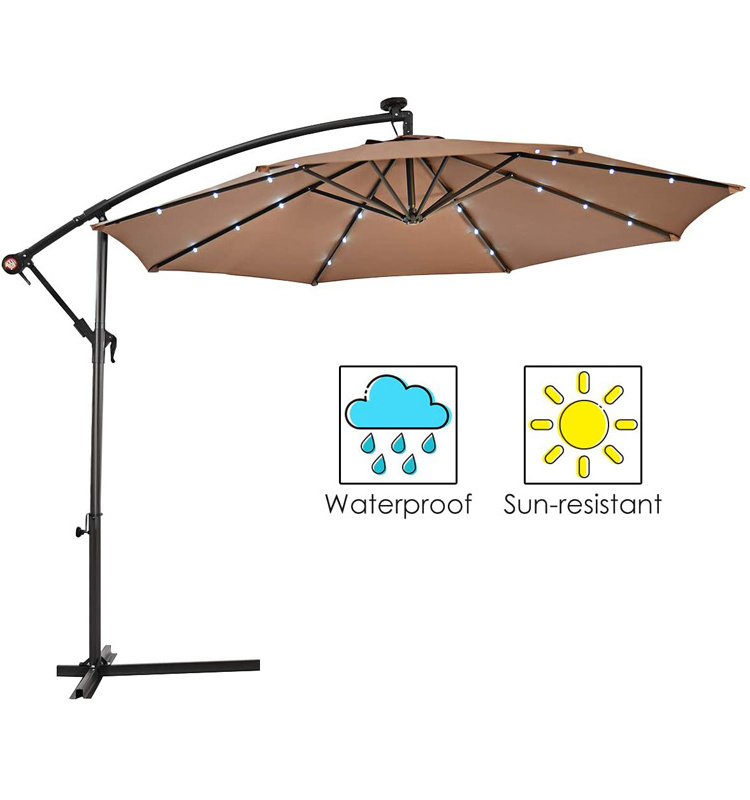 Light Brown 10ft Outdoor Patio Umbrella,Solar Led Lighted Sun Shade Market Umbrella With Hanging Cover