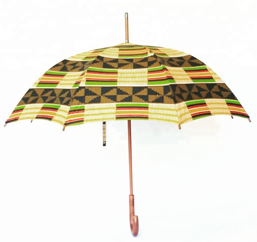 New Design African Umbrella Windproof UV Ankara Printing Sun Umbrella with Wood Handle