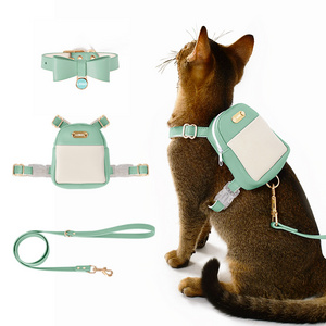 Loudik Wholesale Puppy Dog Collar with Bowtie Small Animal Leads Luxury Waterproof Leather Pet Cat Leash Harness with Backpack