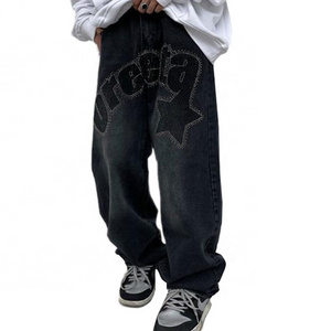 RUYI Custom men fashion baggy jeans loose fit black denim pants hip hop rhinestone jeans pant