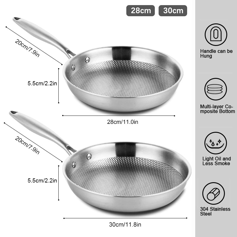 28/30cm Five Layer Flat Frying Pan Food Grade 304 Stainless Steel Non-stick Cooking Pan Omelet Kitchen Cookware