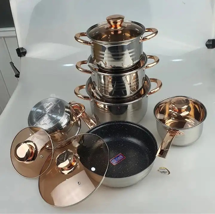 Hot Selling High Quality Stainless Steel 5-Layer Double Bottom 12 Pcs Cookware Set Soup Pot Milk Pot For Home Kitchen