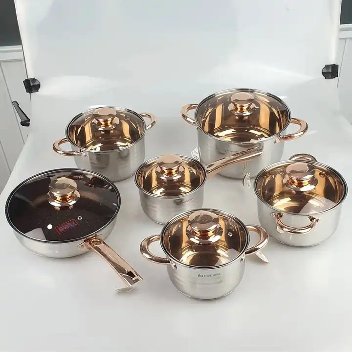 Hot Selling High Quality Stainless Steel 5-Layer Double Bottom 12 Pcs Cookware Set Soup Pot Milk Pot For Home Kitchen