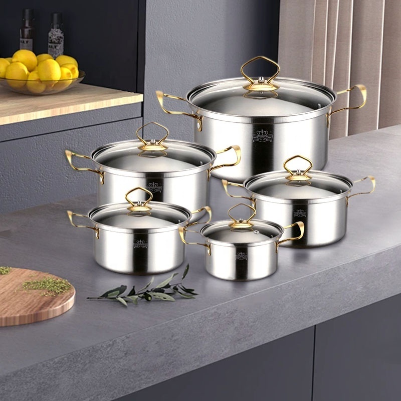 Stainless Steel Cooking Pot Pink Orange Stockpot kitchenware set Stainless steel gold handle non-stick multifunctional pan