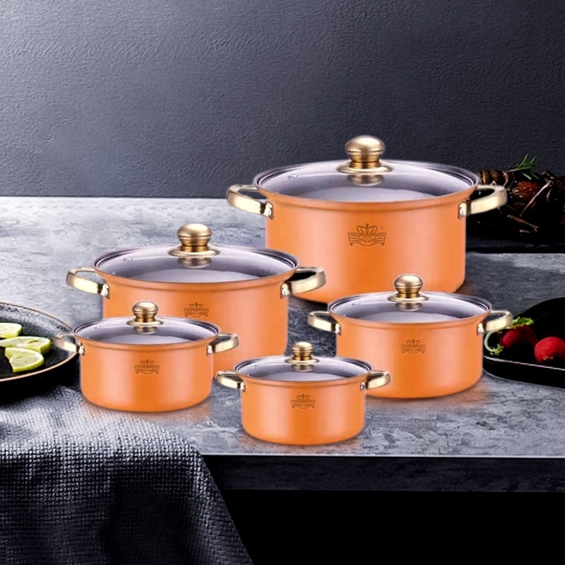 Stainless Steel Cooking Pot Pink Orange Stockpot kitchenware set Stainless steel gold handle non-stick multifunctional pan