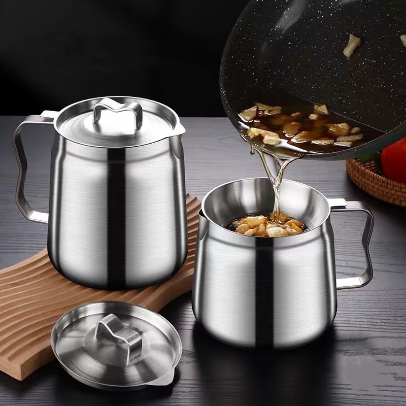 Home Restaurant Kitchen 1.5L 2.0L Oil Bacon Grease Container with Strainer Oil Keeper Stainless Steel Grease Container