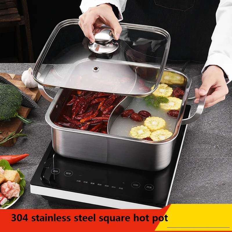 Hot Sale 304 Stainless Steel Square Hot Pot with Glass Lid Suitable for Gas Stove and Induction Cooker Restaurant Equipment