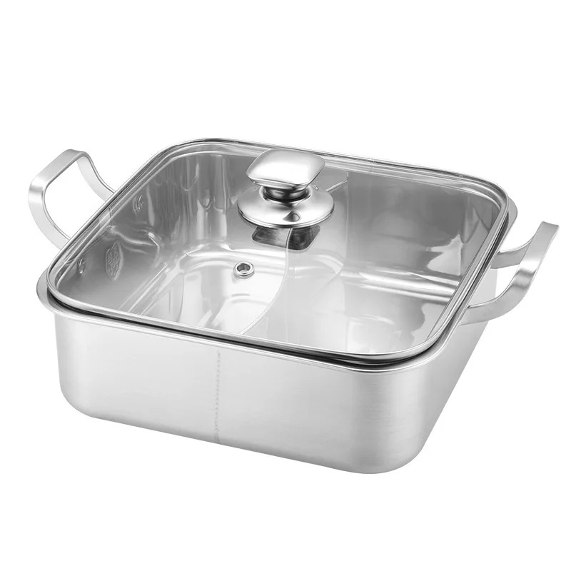 Hot Sale 304 Stainless Steel Square Hot Pot with Glass Lid Suitable for Gas Stove and Induction Cooker Restaurant Equipment