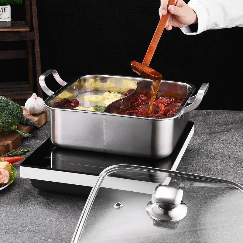 Hot Sale 304 Stainless Steel Square Hot Pot with Glass Lid Suitable for Gas Stove and Induction Cooker Restaurant Equipment