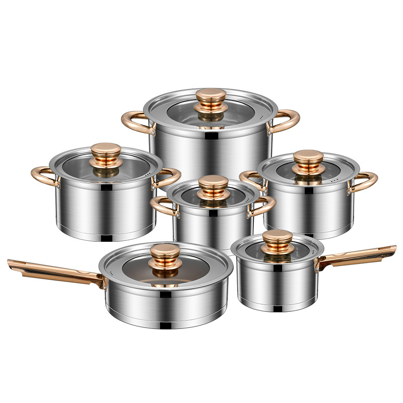 2024 Hot Sale Gold 12Pcs Stainless Steel Cooking Pots And Pans Nonstick Kitchen Cookware Sets Gold Pot Set