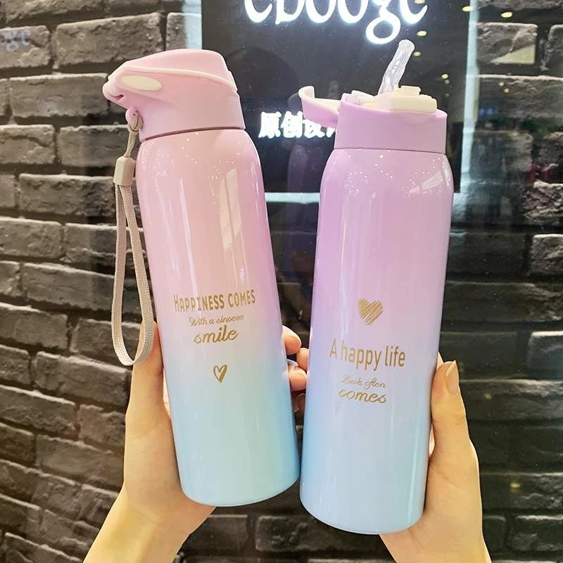 500ml 16oz 304 Korean Thermos Cup Thermos Mug Thermal Insulation Straight Cup Stainless Steel Insulated Water Bottle with Straw