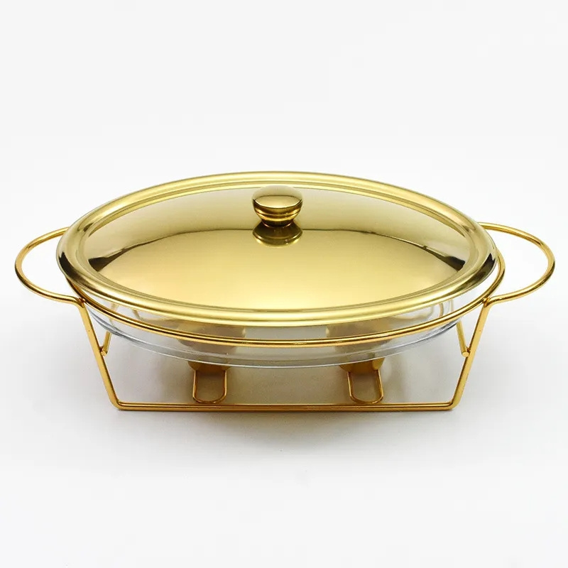 3L Food Warmer Buffet Golden Silver Oval Wedding Chafing Dish Stainless Steel Glass Serving Dish Hot Pot Small Chafing Dish