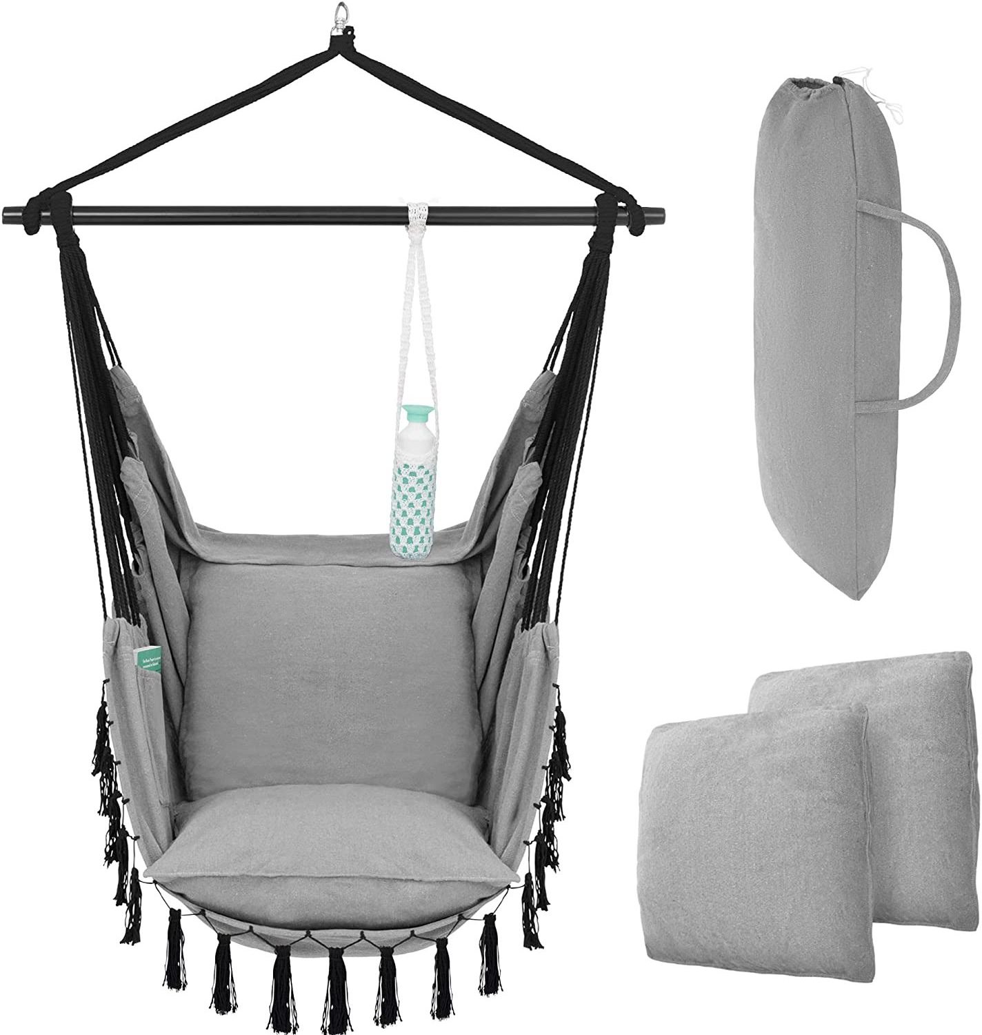 New Two-Tones Knotted Rope Swing Indoor Canvas Boho Chair With Pillow/Steel Stick