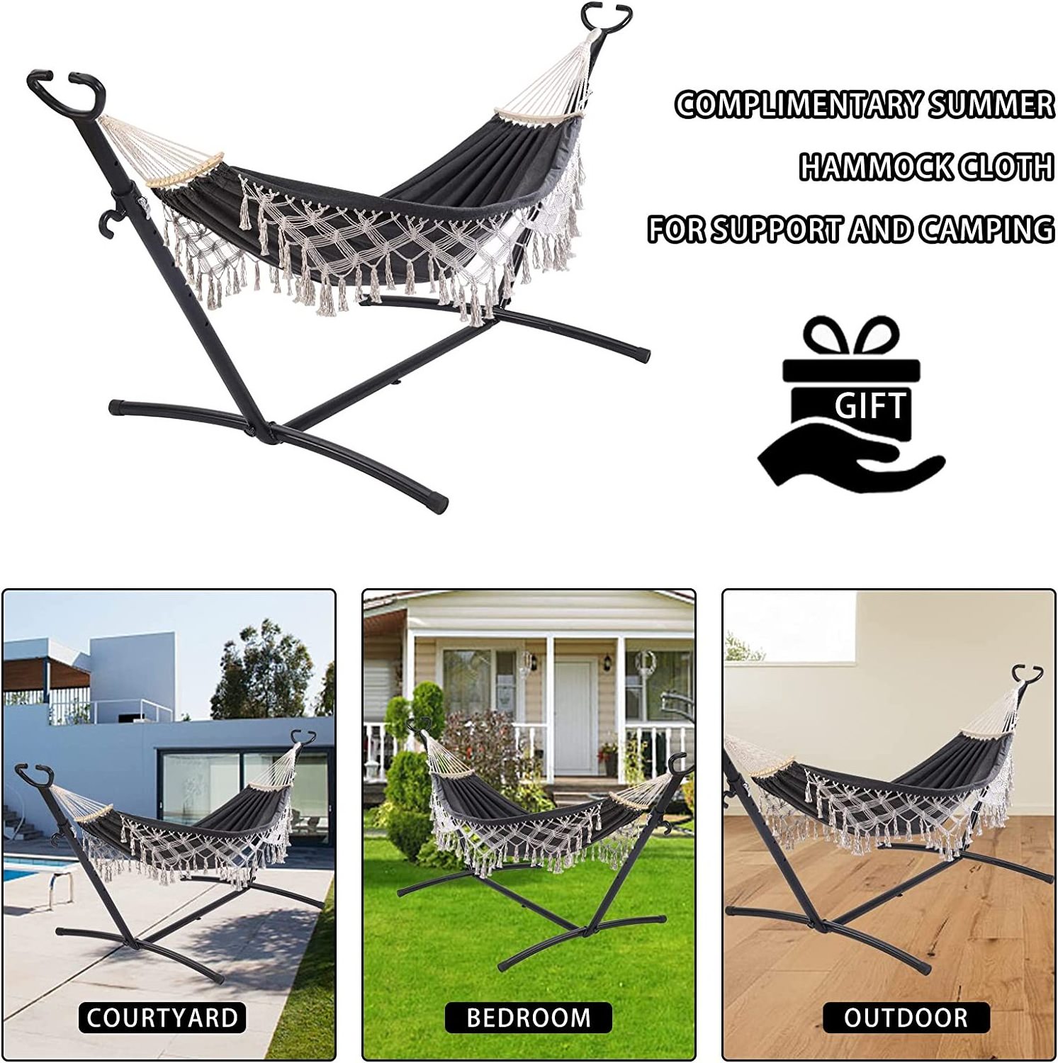 Expanded Garden Outdoor Fringe Colombian Folding Macrame Boho Double Hammock