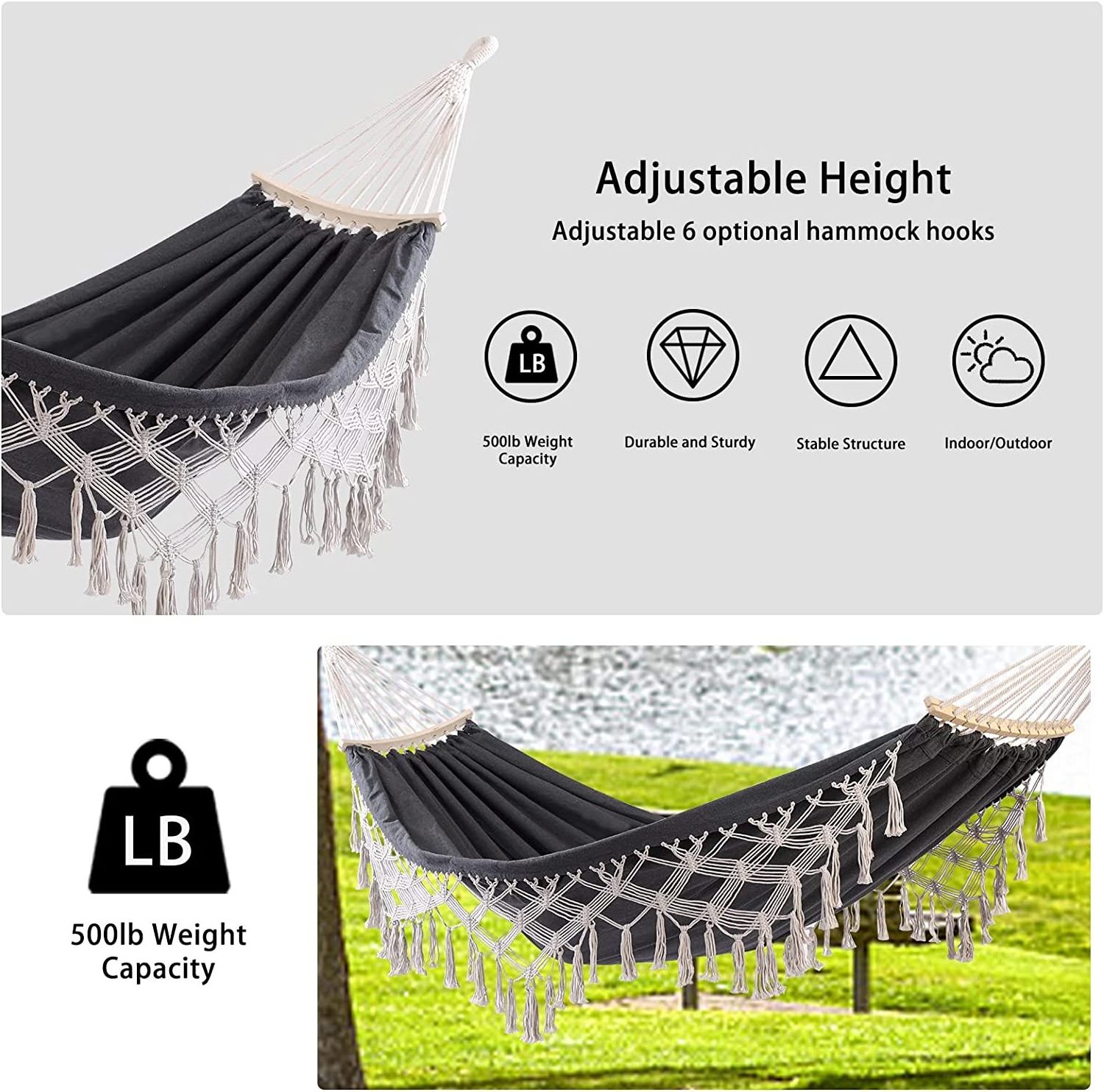 Expanded Garden Outdoor Fringe Colombian Folding Macrame Boho Double Hammock