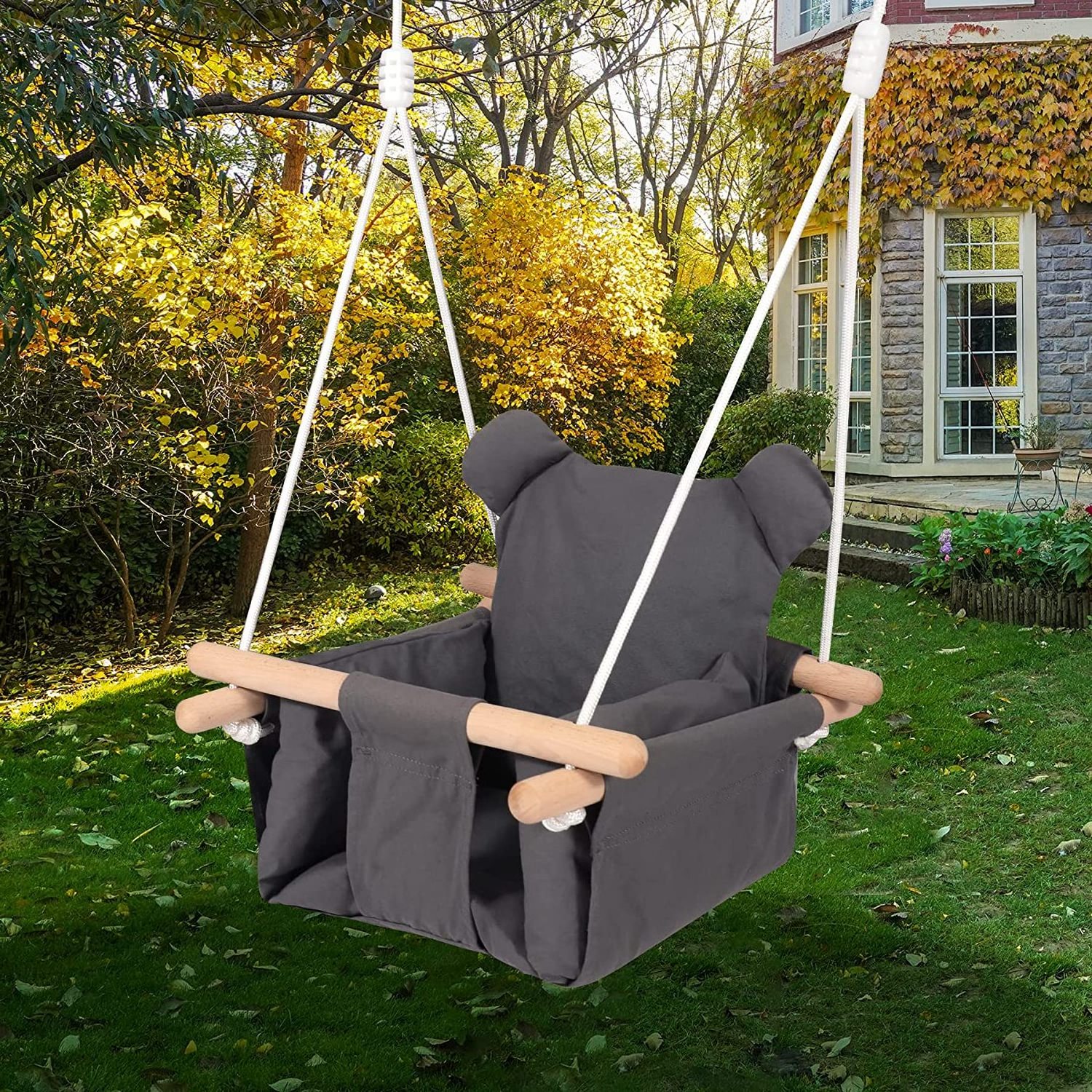 Wooden Hanging Toddle Swing Seat Cotton Canvas Baby Swing