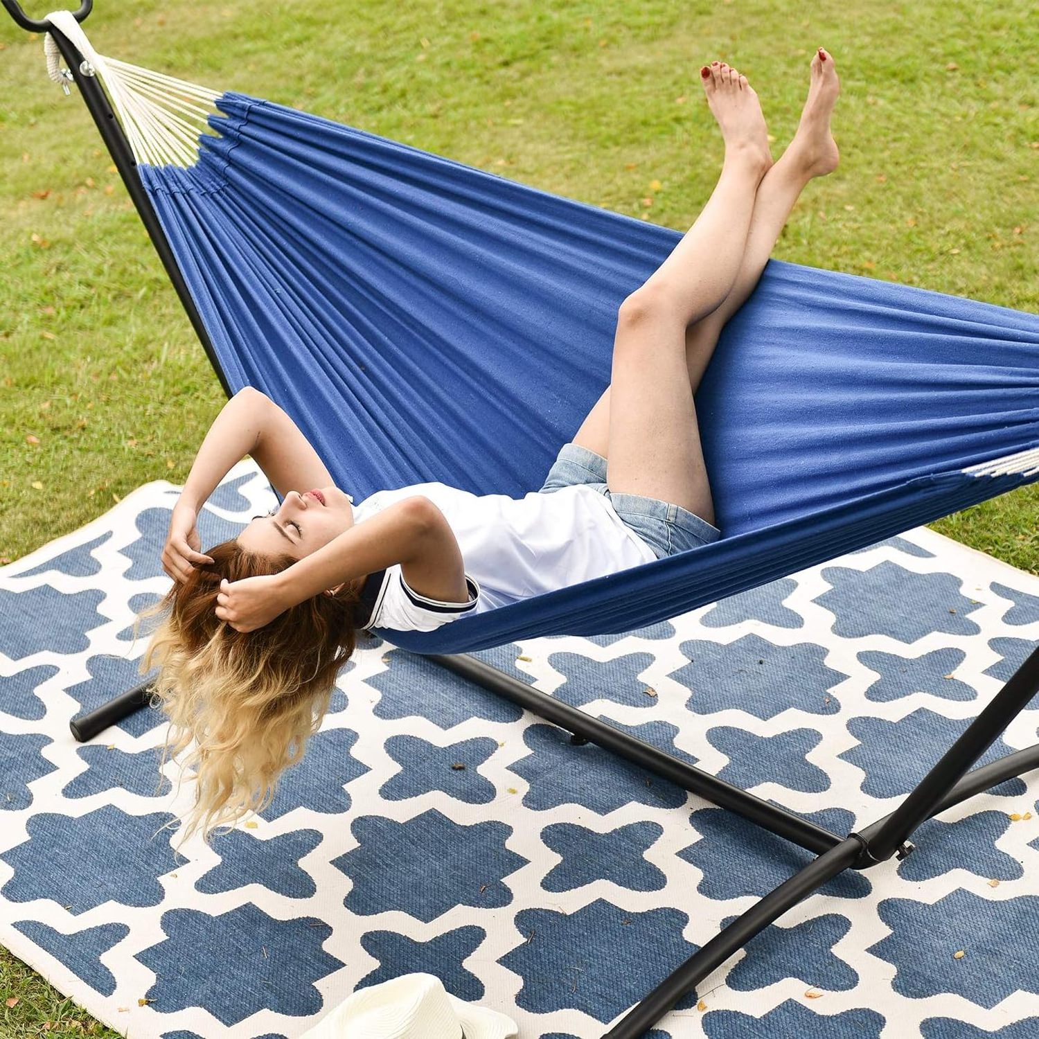 Garden Backyard Cotton Canvas Space-Saving Hammock With Iron Steel Stand