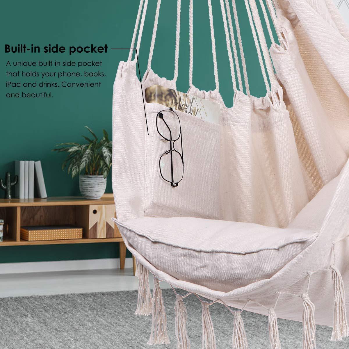 Magazine Pocket Hanging  Macrame Hammock Chair With Two Pillows