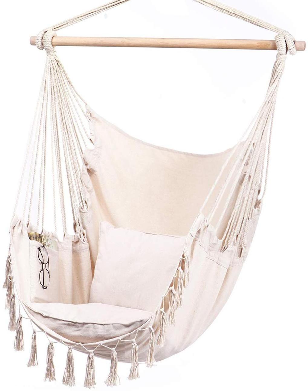 Magazine Pocket Hanging  Macrame Hammock Chair With Two Pillows