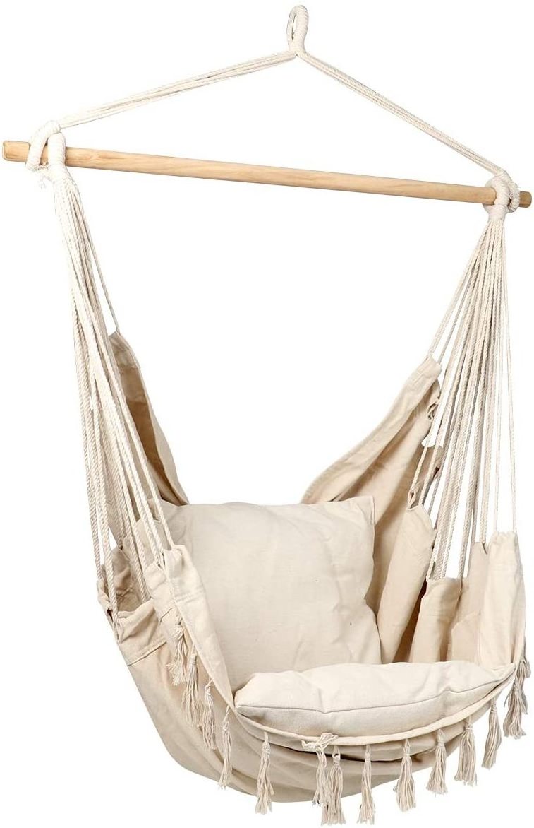 Hot Magazine Pocket  Garden Patio Chair Macrame Swing With Two Pillows