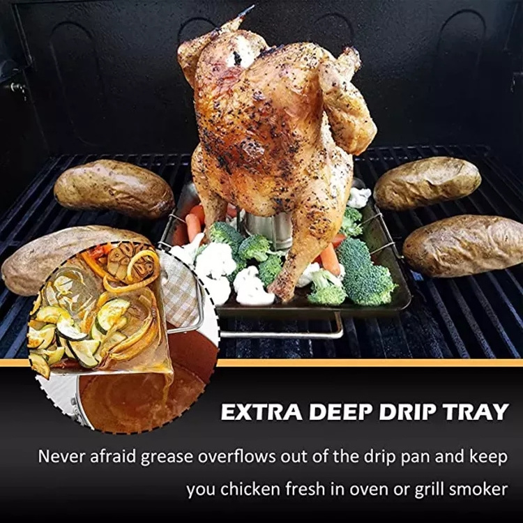 Stainless Steel Barbecue Chicken Grill Rack Holder With Vegetable Pan Beer Can Chicken Roaster Stand