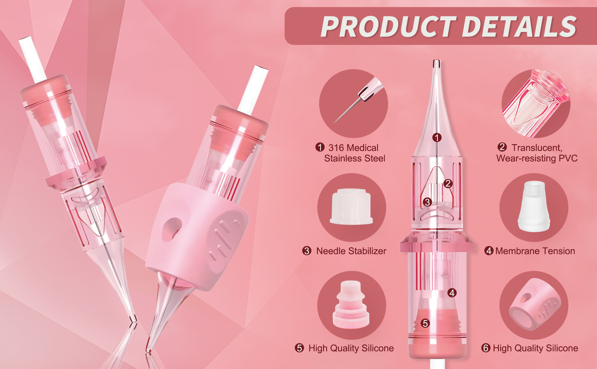 OEM Pink Medical-grade Universal Needle Cartridge Disposable Needle Kwadron/Mast Pro Tattoo Cartridges For Micrblade