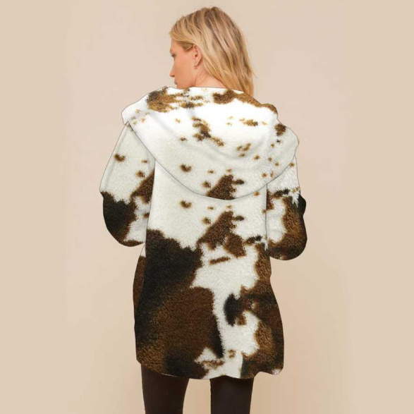 New Arrival Cow Printing Fleece Hooded Warm Winter Coat With Buttons Women Cow Sherpa Jacket