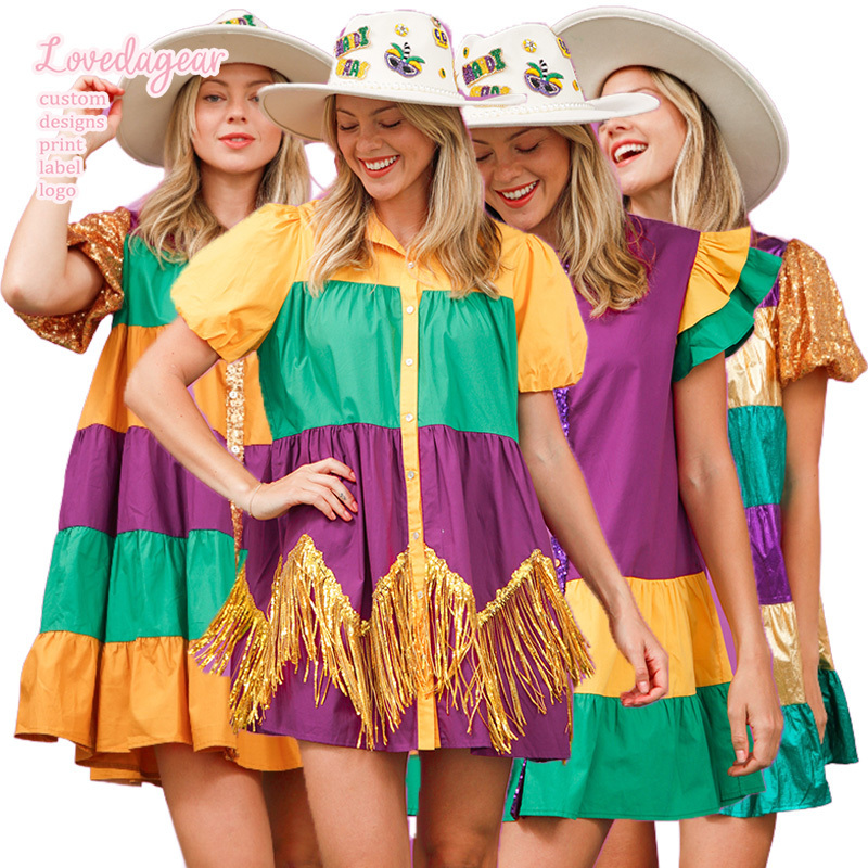 Loveda Custom mardi gras apparel Women Tiered Color Block Ruffle Sequin short Sleeve casual party Dress With Foil Fringe