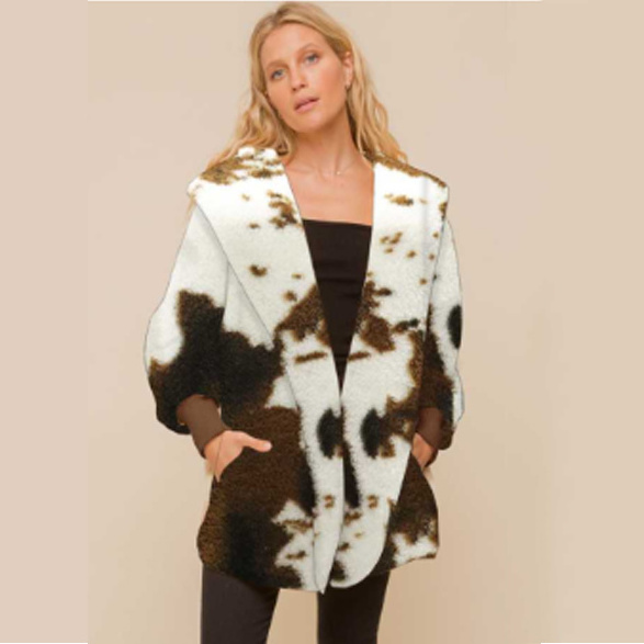 New Arrival Cow Printing Fleece Hooded Warm Winter Coat With Buttons Women Cow Sherpa Jacket