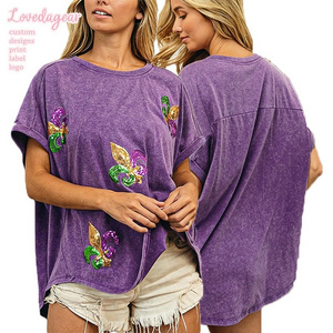 Loveda Custom Purple Vintage Top Women Washed Distressed Sequin Patches Mardi Gras T Shirts