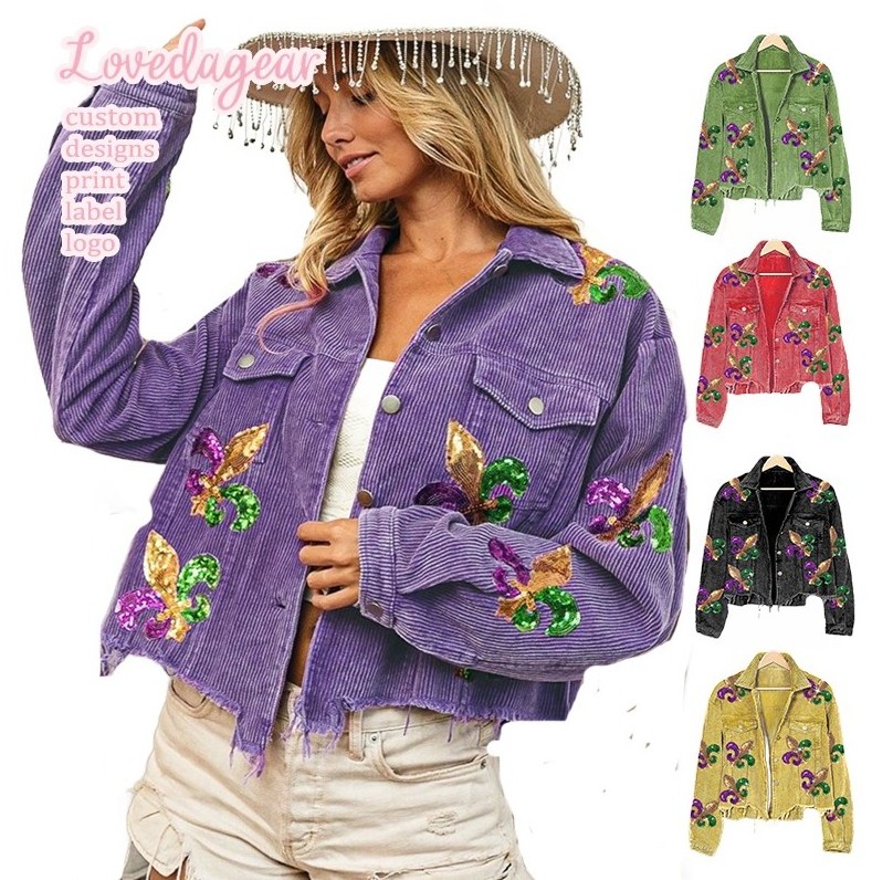 Loveda Wholesale Custom Sequin Embroidery Corduroy Shacket Coat Mardi Gras Apparel Jacket for Women