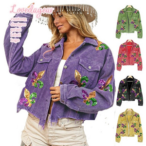 Loveda Wholesale Custom Sequin Embroidery Corduroy Shacket Coat Mardi Gras Apparel Jacket for Women