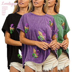 Loveda Custom Purple Vintage Top Washed Distressed Mardi Gras Sequin Patches T Shirts For Women