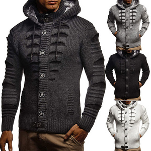 2021 Autumn Winter High Quality Ripped Long Sleeve Hooded cardigan Knit casual jacket zipper Sweater for Men