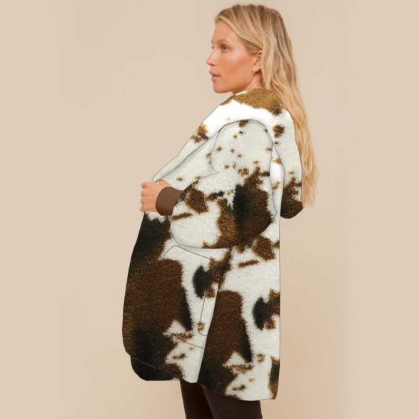 New Arrival Cow Printing Fleece Hooded Warm Winter Coat With Buttons Women Cow Sherpa Jacket