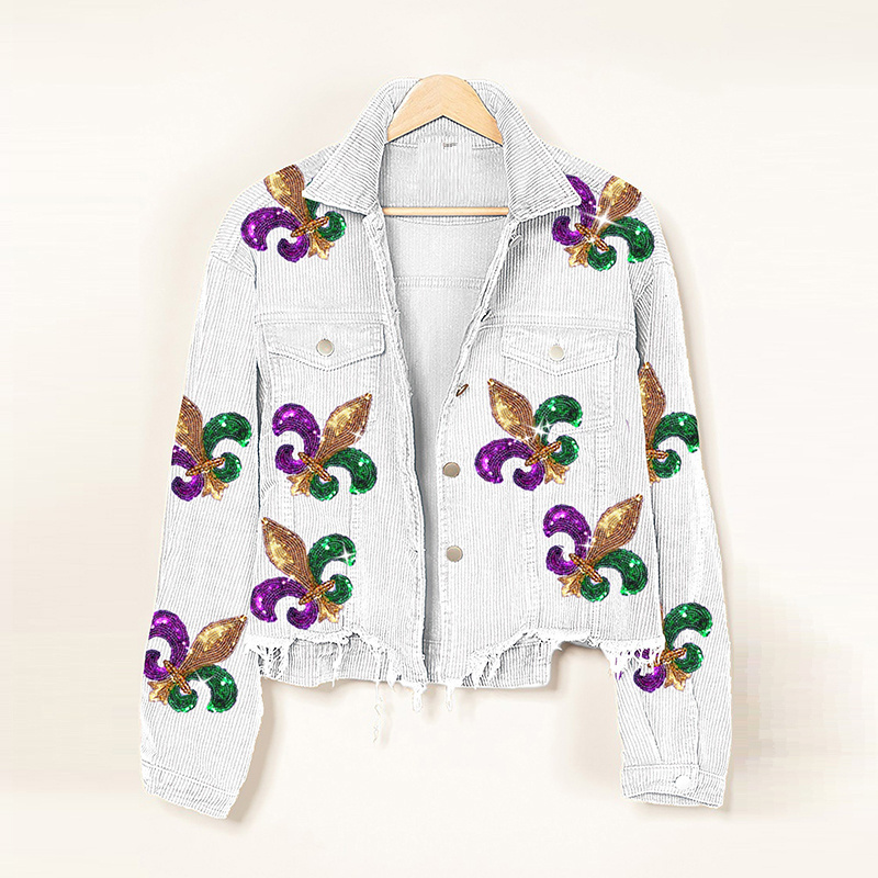 Loveda Wholesale Custom Sequin Embroidery Corduroy Shacket Coat Mardi Gras Apparel Jacket for Women