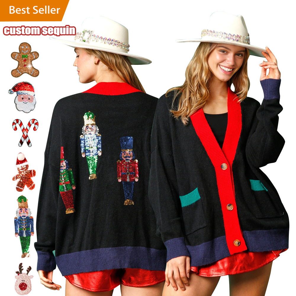 Custom Christmas Women Embroidered Patch Sequin Nutcracker Holiday Sweater Cardigan