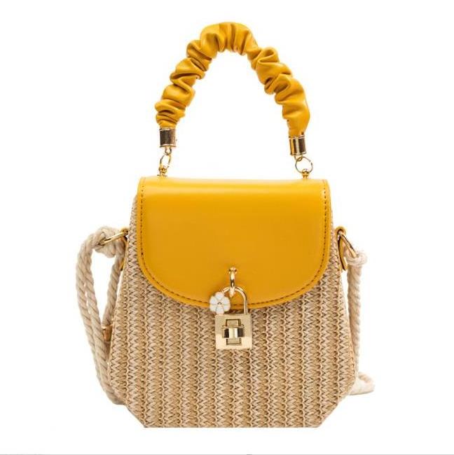 2024 Trendy Woven Lady Straw Mobile Phone Crossbody Handbag Women PU Flap Small Square Shoulder Bag with Lock