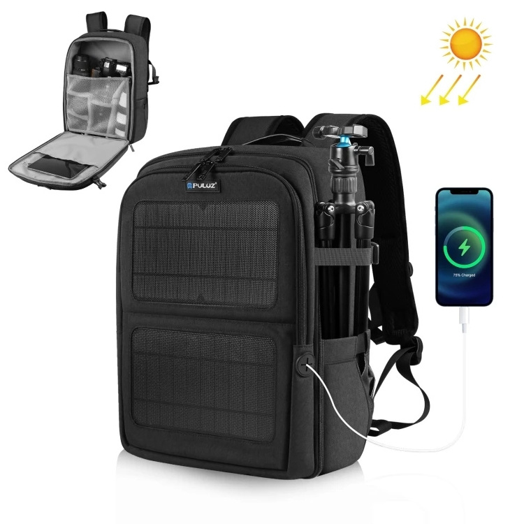 New PULUZ Solar Power Outdoor Portable Camera Dual Shoulders Backpack Laptop Bag Outdoor Backpack