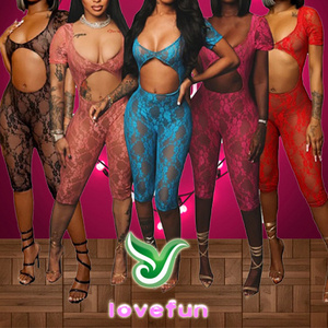 5 color one piece Jumpsuits Sexy Backless Short Bodysuits Nightclub Hollow Out Lace mesh jumpsuits, playsuits & bodysuits