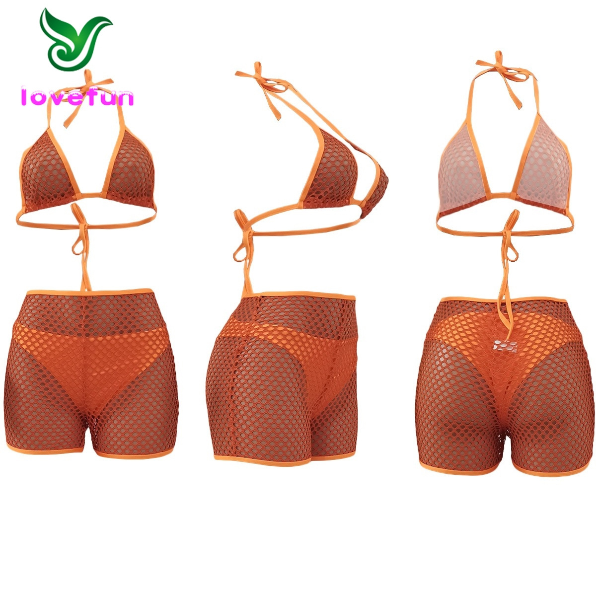 Summer Women Sexy Fishnet Mesh Sheer Beach Outfits Crop Top Shorts Sets Swimwear 3 Piece Bikini Set For Women