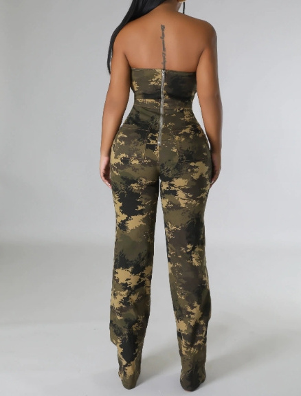 Autumn 2023 Fashion Ripped Sleeveless Jumpsuits Sexy Backless Bodysuits Camouflage Print Strapless Jumpsuits