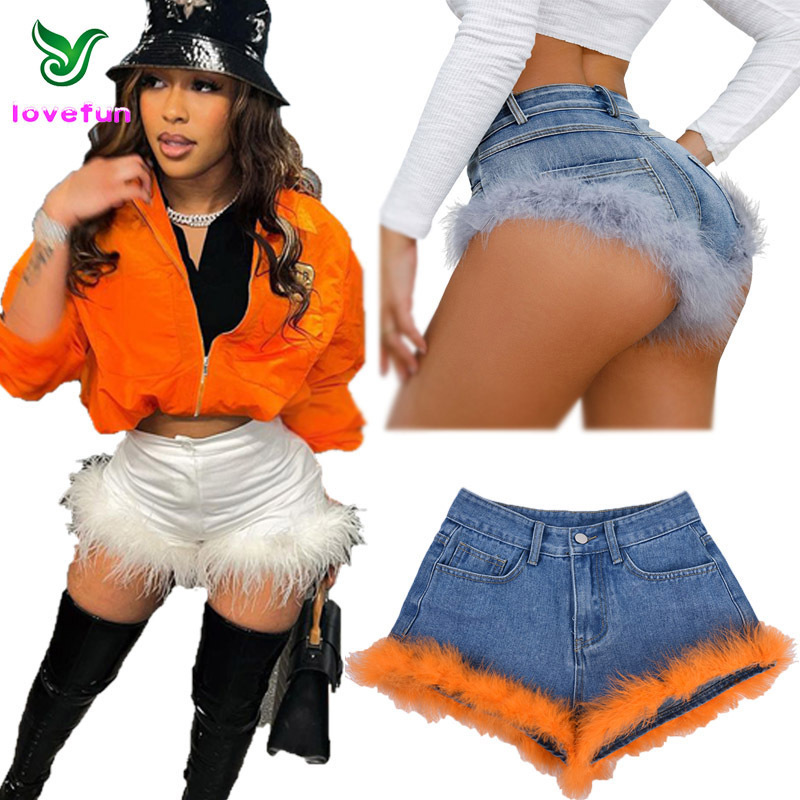 2023 Trending Summer Jean Shorts Women Denim Stretchy Shorts Jeans High Fashion Denim Street Wear Sexy Feather Denim Shorts