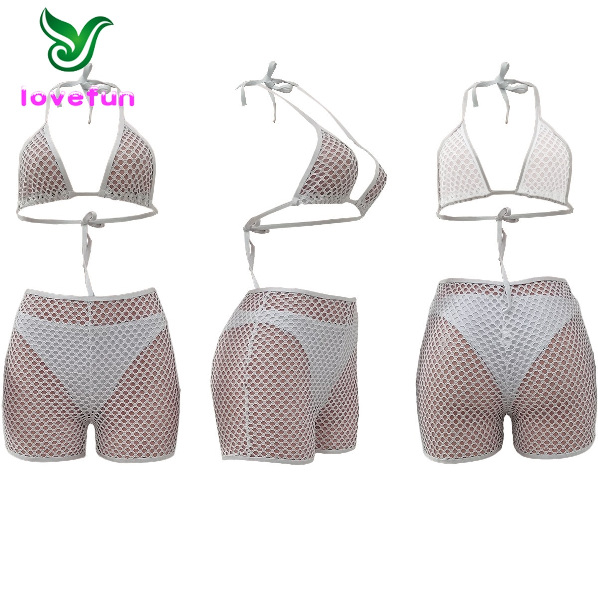 Summer Women Sexy Fishnet Mesh Sheer Beach Outfits Crop Top Shorts Sets Swimwear 3 Piece Bikini Set For Women